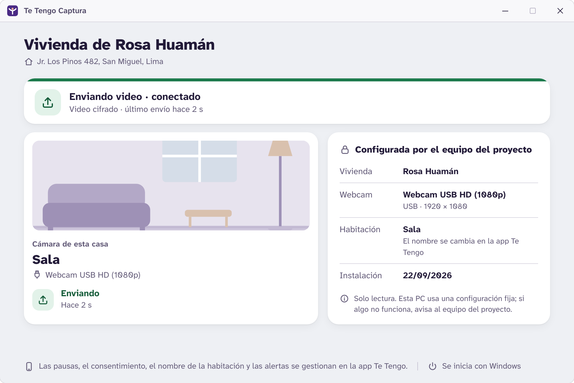 Ventana de estado de Te Tengo Captura: la webcam de la Sala está enviando video y la configuración aparece en solo lectura.